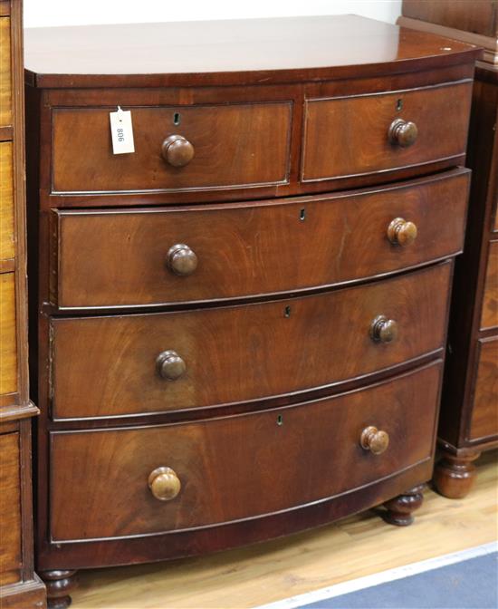 A Victorian mahogany bowfront chest of five drawers W.96cm